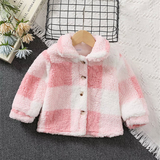 Toddler Girl Sweet Plaid Lapel Colar Fleece Jacket.