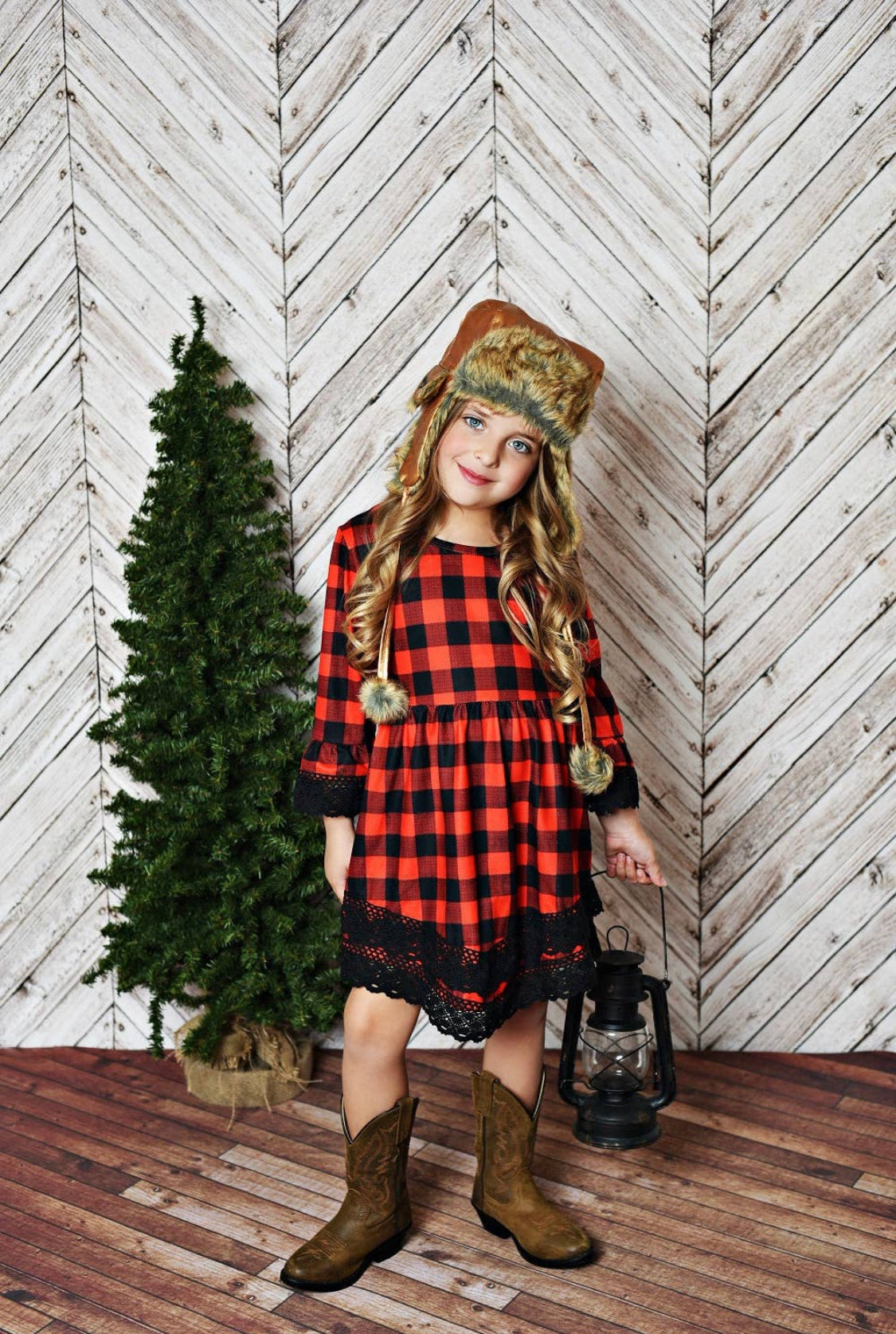 Kids Red Plaid Buffalo Check Lace Christmas Holiday Dress