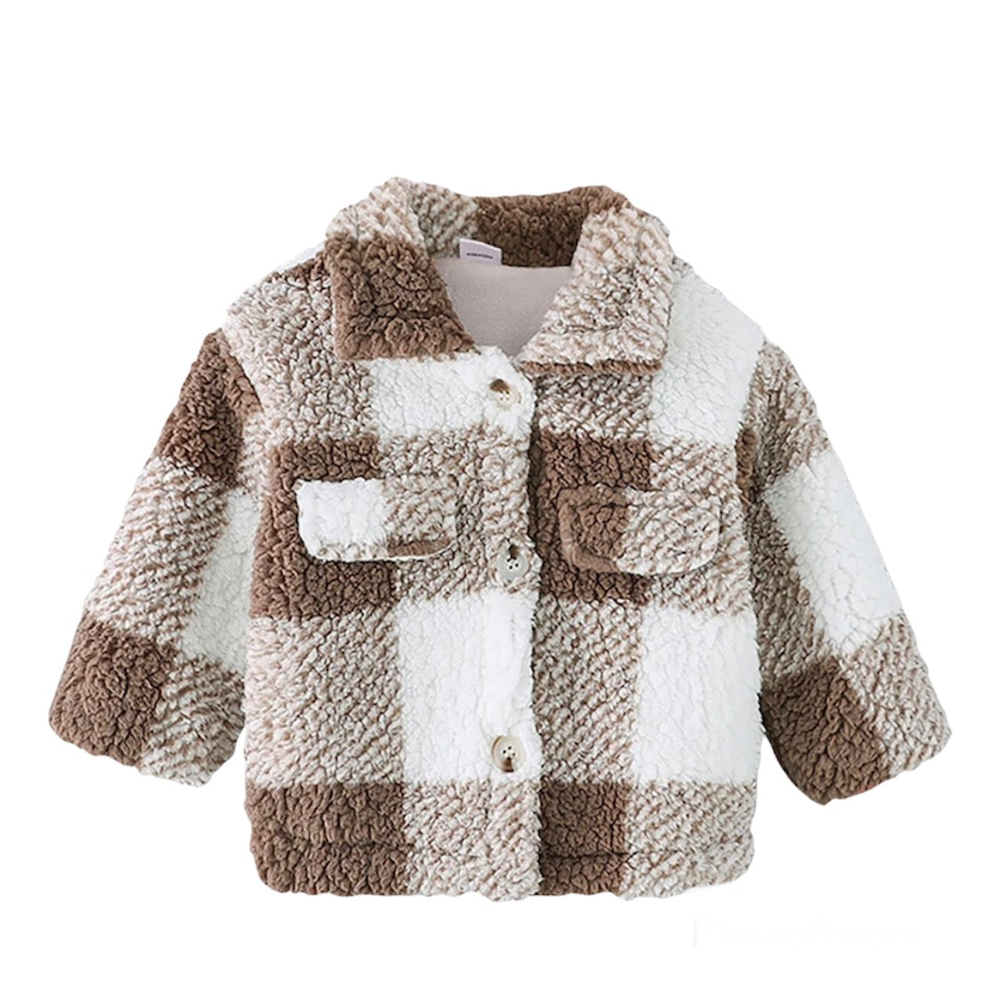 Toddler Girl Plaid Lapel Colar Sherpa Fleece Jacket.