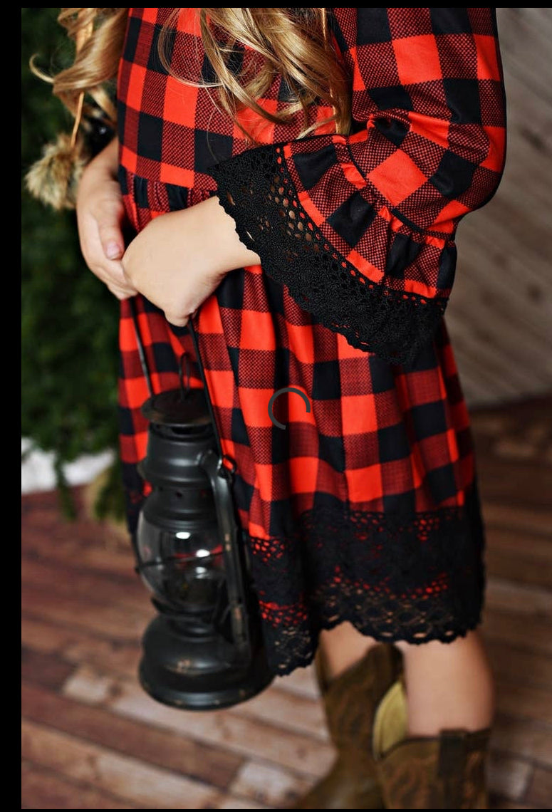 Kids Red Plaid Buffalo Check Lace Christmas Holiday Dress