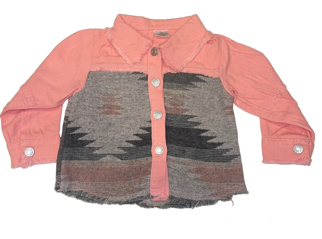 Girls Pink Denim Jacket with Aztec Print