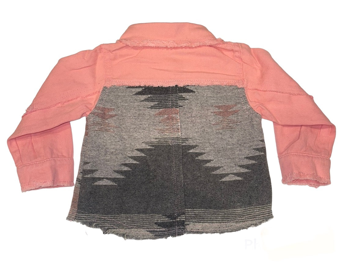 Girls Pink Denim Jacket with Aztec Print