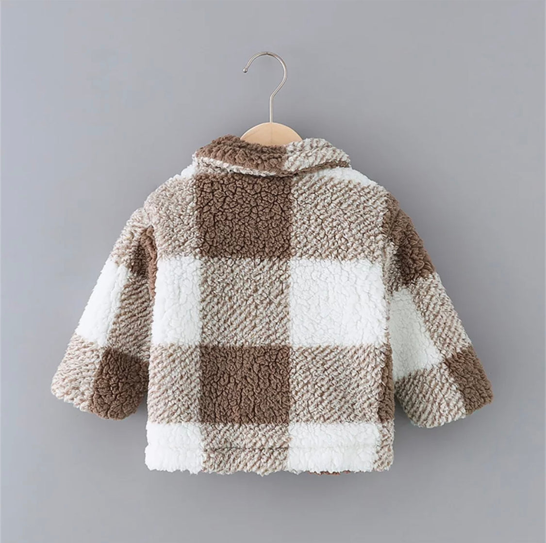 Toddler Girl Plaid Lapel Colar Sherpa Fleece Jacket.